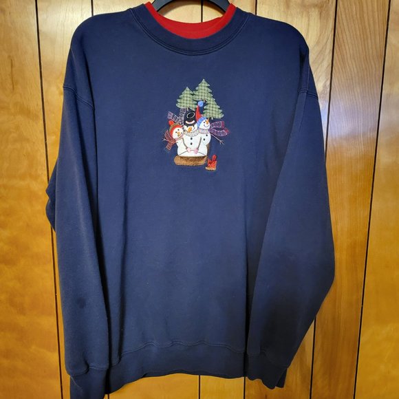 Vintage Snowman Sweatshirt XL Crew Neck Mock Neck NAVY BLUE Christmas Time F1 - Picture 2 of 9